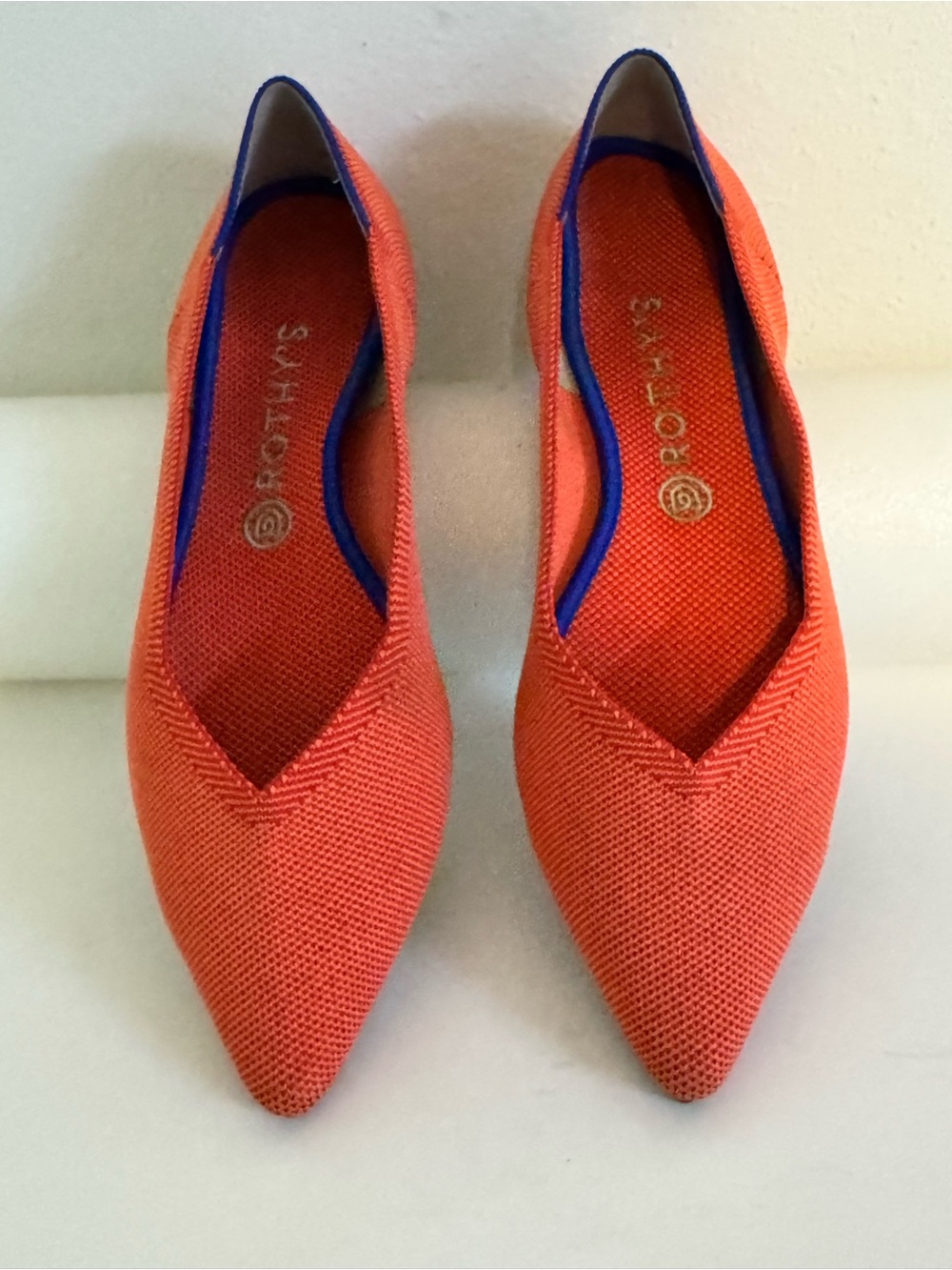 Rothy's Pointed Knit Flat in Bright Orange with Blue Trim - women’s Size 11.5